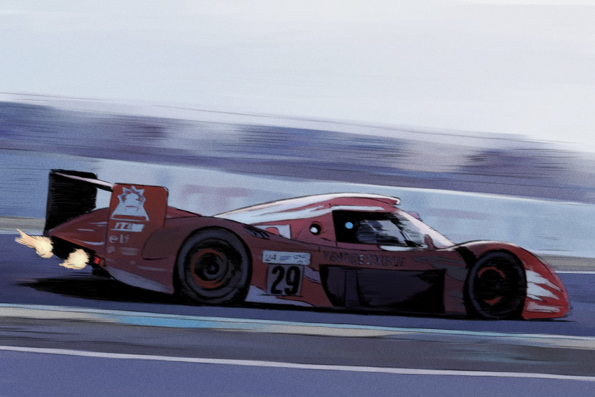 absurdres, balladeluce, car, circuit_de_la_sarthe, fire, from_side, highres, japanese_flag