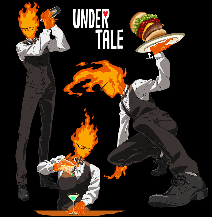 1boy, absurdres, arm_support, bartender, black-framed_eyewear, black_bow, black_bowtie, black_footwear, black_pants, black_vest, bow, bowtie, burger, burning, buttons, cel_shading, cocktail_glass, cocktail_shaker, collared_shirt, commentary, copyright_name, cup, drinking_glass, fire, food, formal, full_body, glasses, grillby, highres, holding, holding_plate, holding_shaker, kamezaemon, long_sleeves, male_focus, multiple_views, no_mouth, no_nose, pants, plate, shirt, shoes, squatting, undertale, uniform, upper_body, vest, white_shirt