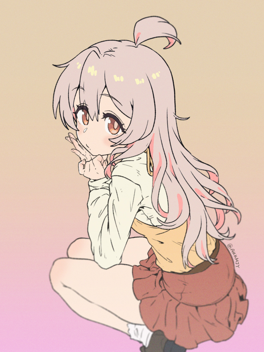 1girl, absurdres, ahoge, artist_name, blush, brown_eyes, closed_mouth, commentary_request, from_side, genderswap, genderswap_(mtf), hair_between_eyes, hand_on_own_cheek, hand_on_own_face, highres, long_hair, long_sleeves, looking_at_viewer, matado_(almukha), multicolored_background, onii-chan_wa_oshimai!, oyama_mahiro, pink_hair, red_skirt, skirt, socks, solo, squatting, vest, white_socks