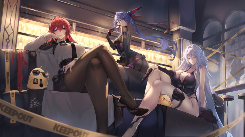 3girls, allen_m._sumner_(azur_lane), allen_m._sumner_(two_faces_of_justice)_(azur_lane), alternate_costume, ass, azur_lane, black_bodysuit, black_dress, blue_eyes, blue_hair, bodysuit, breasts, calling_card, caution_tape, couch, crossed_legs, dress, eye_mask, eyebrows_hidden_by_hair, gainoob, glasses, gun, hair_between_eyes, hair_ribbon, handgun, high_heels, highres, holding, holding_gun, holding_weapon, keep_out, large_breasts, long_hair, manjuu_(azur_lane), mask, monarch_(azur_lane), monarch_(detective_arriving_on_the_scene)_(azur_lane), multiple_girls, necktie, official_alternate_costume, on_couch, one_eye_closed, pantyhose, ponytail, red_eyes, redhead, ribbon, signature, sovetsky_soyuz_(azur_lane), sovetsky_soyuz_(skyfall_agent)_(azur_lane), sunglasses, thick_thighs, thigh_strap, thighs, very_long_hair, weapon, white_hair