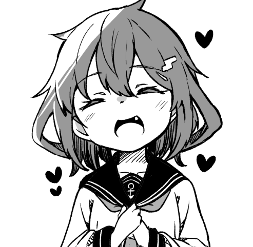 1girl, anchor_symbol, closed_eyes, commentary_request, fang, greyscale, hair_ornament, hairclip