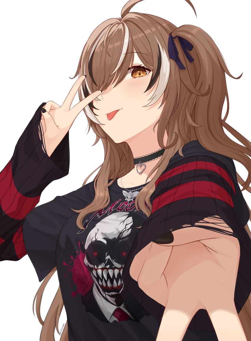 1girl, absurdres, ahoge, black_choker, black_eyeliner, black_hair, black_nails, black_shirt