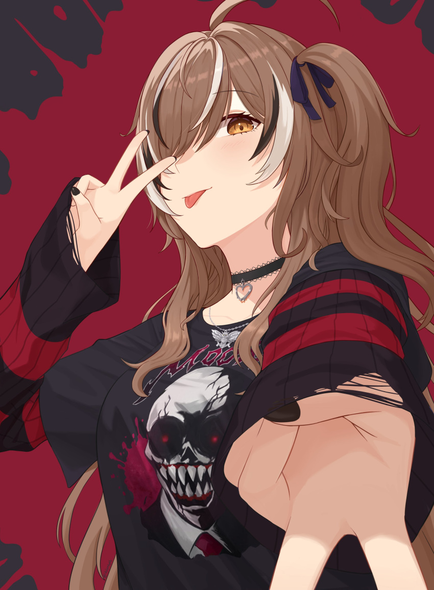 1girl, absurdres, ahoge, black_choker, black_eyeliner, black_hair, black_nails, black_shirt