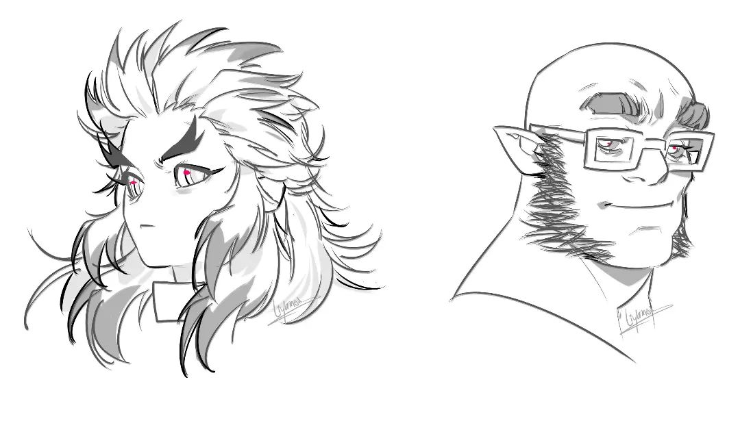 2boys, back-to-back, bald, check_copyright, colored_tips, copyright_request, cropped_head, forked_eyebrows