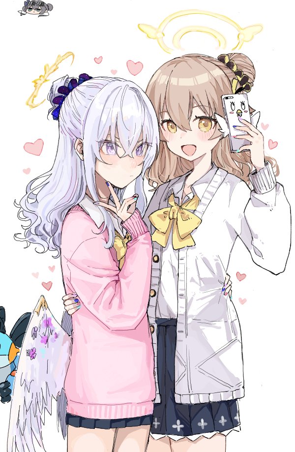 3girls, azusa_(blue_archive), blue_archive, blue_nails, blue_scrunchie, blue_skirt, bow, bowtie, cardigan, cellphone, chibi, chibi_inset, collaboration, commentary_request, cowboy_shot, cropped_head, crossed_bangs, hair_between_eyes, hair_bun, hair_ornament, hair_scrunchie, halo, heart, hifumi_(blue_archive), holding, holding_another's_wrist, holding_phone, kisaki_(blue_archive), light_brown_hair, long_sleeves, looking_at_object, looking_at_phone, low_wings, medium_hair, multicolored_nails, multiple_girls, nail_polish, nisumo, open_cardigan, open_clothes, peroro_(blue_archive), phone, pink_nails, pink_sweater, pleated_skirt, scrunchie, selfie, skirt, sweater, taking_picture, v, violet_eyes, white_cardigan, white_hair, white_wings, wings, yayuyoron, yellow_bow, yellow_bowtie, yellow_eyes, yellow_scrunchie