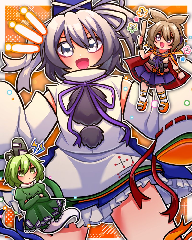 1jumangoku, 3girls, ankle_socks, bare_shoulders, belt, black_belt, black_headwear, black_ribbon