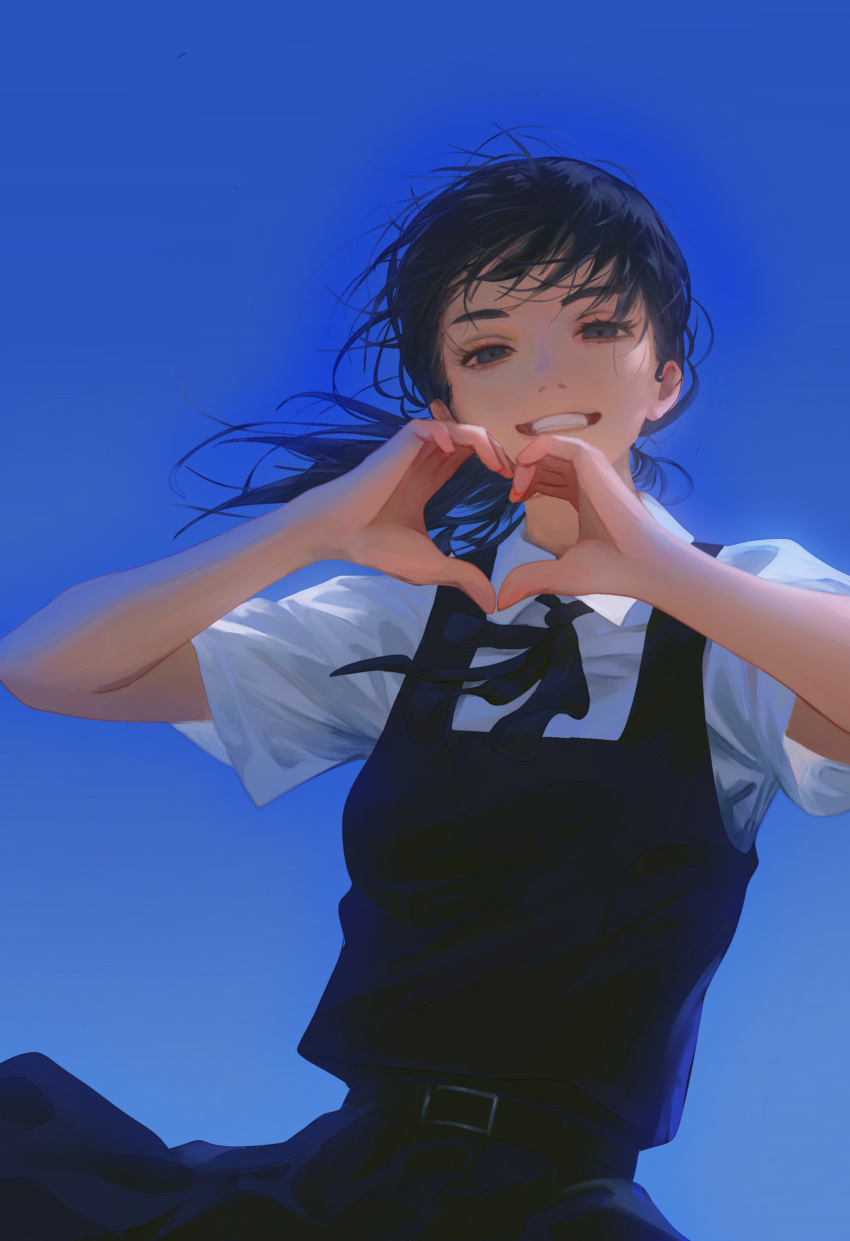 1girl, absurdres, black_hair, blue_background, blue_dress, blue_ribbon, chainsaw_man, commentary_request, dress, grey_eyes, heart, heart_hands, highres, medium_hair, mitaka_asa, neck_ribbon, parted_lips, partial_commentary, ribbon, shirt, shirt_under_dress, short_sleeves, simple_background, solo, teeth, upper_body, white_shirt, yao_liao_wang