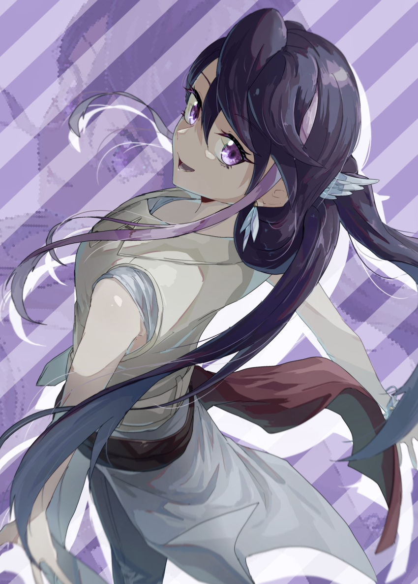 1girl, black_hair, bracelet, commentary_request, from_behind, head_wings, highres, jewelry, kurosaki_ruri, long_hair, looking_at_viewer, looking_back, multicolored_hair, open_mouth, purple_hair, sleeveless, sleeveless_jacket, solo, striped_background, violet_eyes, wings, you_v_kihu, yu-gi-oh!, yu-gi-oh!_arc-v, zoom_layer