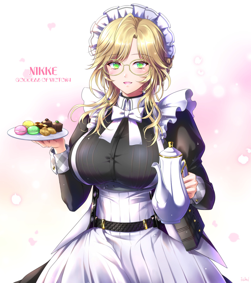 1girl, :d, ade_(nikke), ahoge, apron, belt, black_belt, black_dress