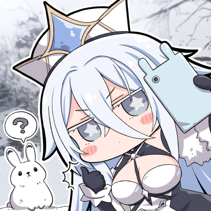 1girl, ?, azur_lane, black_gloves, blue_eyes, blush, breasts, cellphone, chibi, colored_eyelashes, gloves, holding, holding_phone, large_breasts, long_bangs, nejikirio, official_art, phone, rabbit, smartphone, snow, solo, sovetsky_soyuz_(azur_lane), speech_bubble, star-shaped_pupils, star_(symbol), symbol-shaped_pupils, white_hair, white_headwear, white_rabbit_(animal)