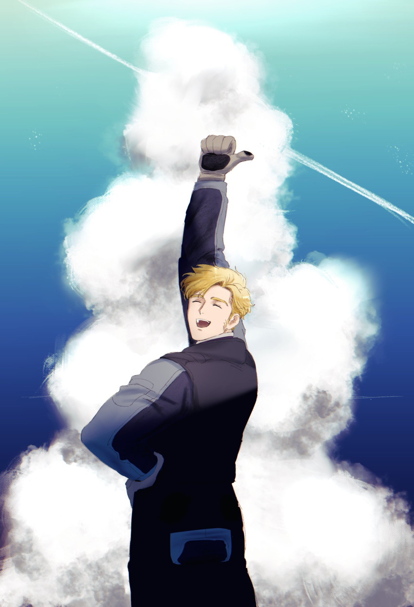1boy, absurdres, blonde_hair, closed_eyes, clouds, cloudy_sky, cowboy_shot, facial_hair