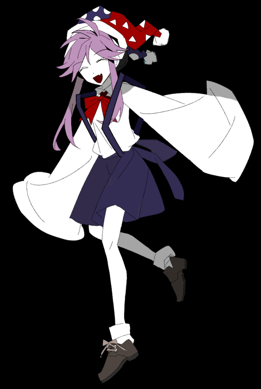 1girl, ^_^, absurdres, black_background, blue_headwear, blue_skirt, bow, bowtie