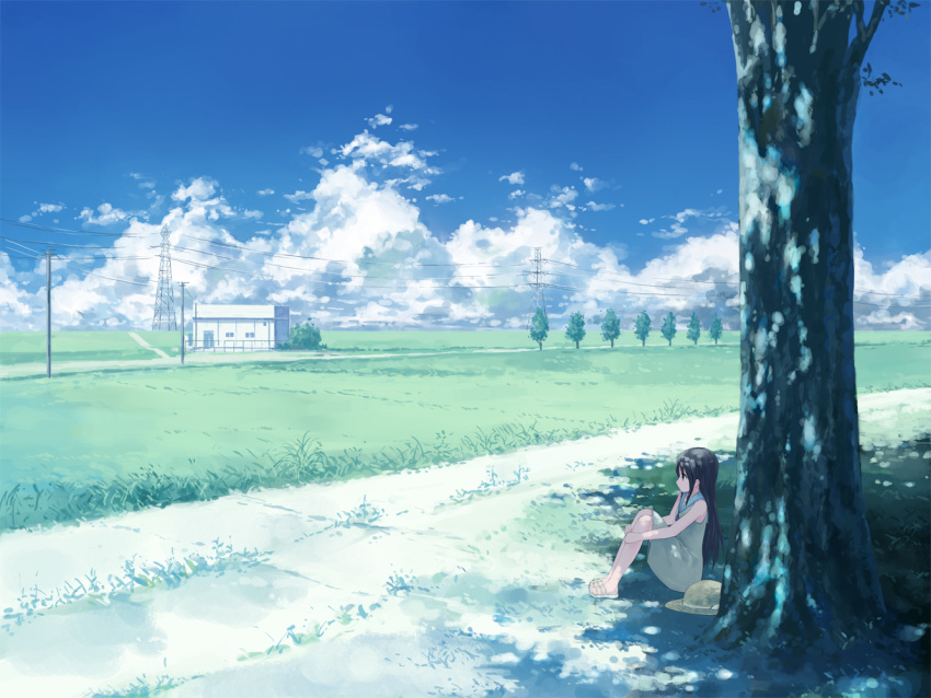 black_hair, building, cloud, dress, grass, hat, hat_removed, headwear_removed