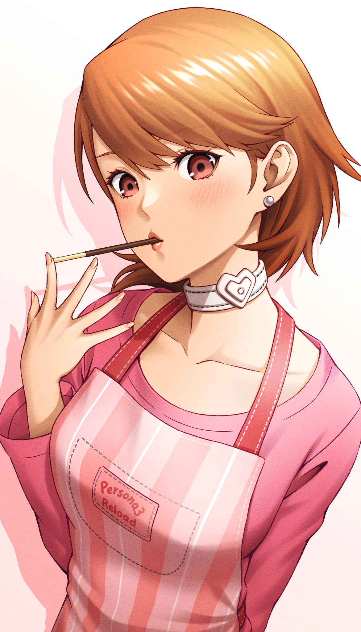 1girl, apron, blush, breasts, brown_eyes, brown_hair, choker, collarbone, commentary_request, earrings, food, food_in_mouth, gradient_background, hair_between_eyes, hand_up, heart, heart_choker, highres, jewelry, long_sleeves, looking_at_viewer, masatoshi_1219, medium_breasts, nail_polish, official_alternate_costume, open_hand, pearl_earrings, persona, persona_3, persona_3_reload, pink_apron, pink_lips, pink_nails, pink_shirt, pocky, pocky_in_mouth, shirt, short_hair, solo, stud_earrings, swept_bangs, takeba_yukari, upper_body, white_choker