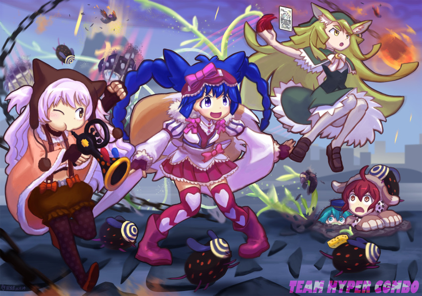 animal_ears, blue_hair, crossover, doubutsu_sentai_zyuohger, explosion, familiar_(madoka_magica), gen'ei_wo_kakeru_taiyou, grey_hair
