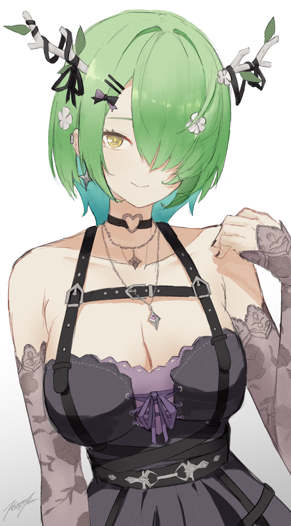 1girl, antler_ornament, antler_ribbon, antlers, bare_shoulders, black_choker, black_dress, black_ribbon
