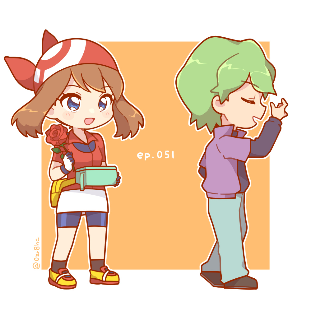 0zr8hc, 1boy, 1girl, :d, bandana, black_shirt, blue_eyes, brown_eyes