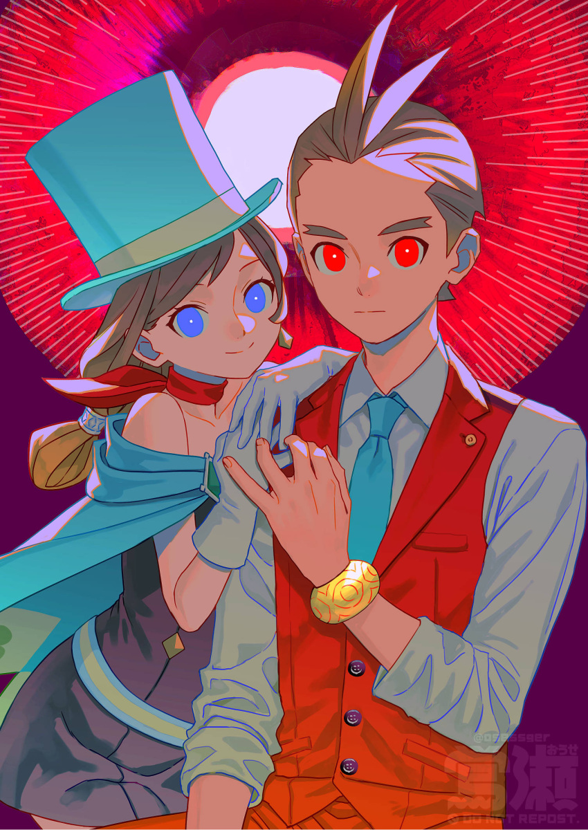 1boy, 1girl, ace_attorney, antenna_hair, apollo_justice, badge, bare_shoulders, belt