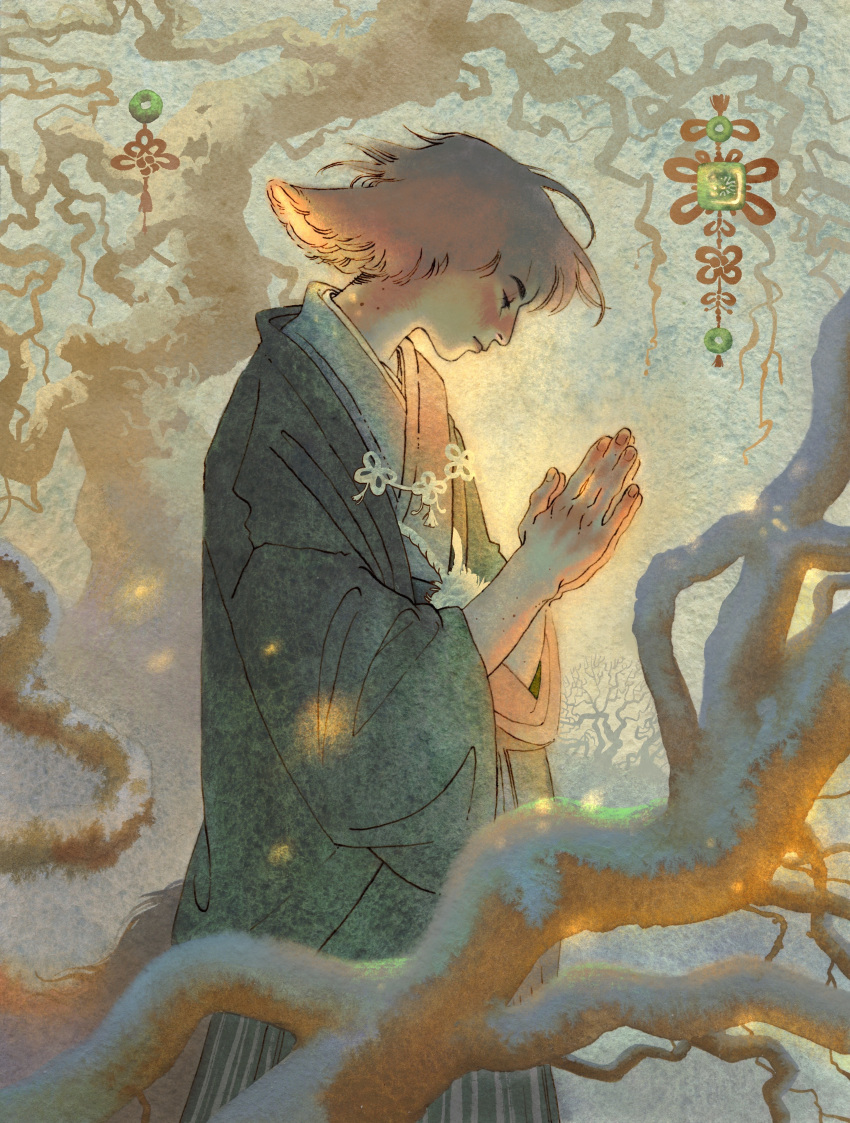 1boy, absurdres, animal_ears, bare_tree, branch, closed_eyes, commentary_request, cowboy_shot