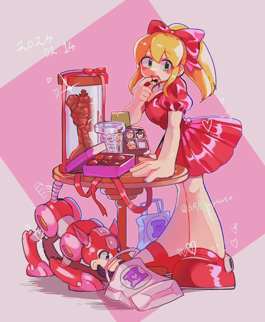 1girl, armor, auto_(mega_man), bag, bass_(mega_man), blush_stickers, chocolate, dated