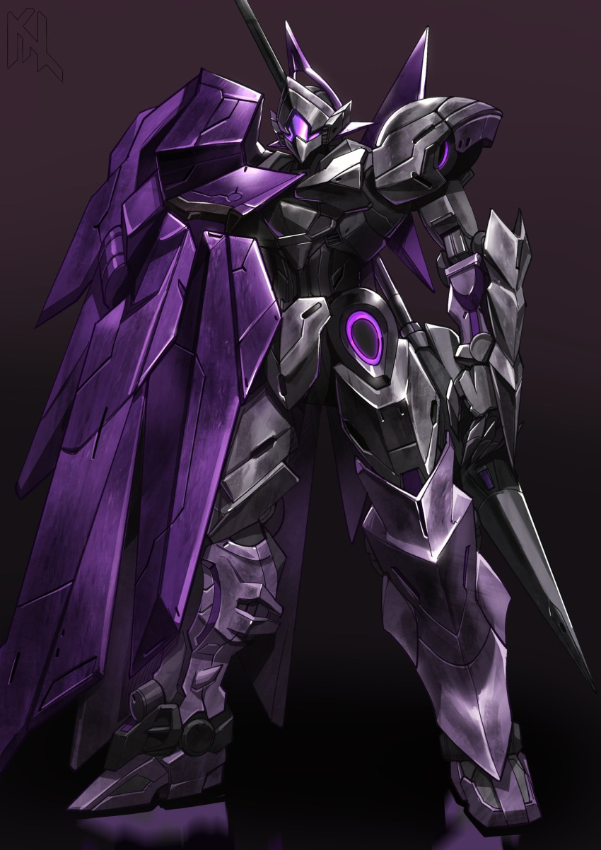 arm_at_side, artist_logo, assault_visor, commentary, commission, english_commentary, full_body, fusion, gradient_background, gundam, gundam_astray_no_name, gundam_build_fighters, gundam_suisei_no_majo, highres, lance, legs_apart, mecha, michaelis_(mobile_suit), mobile_suit, no_humans, open_hand, original, polearm, porukima, robot, science_fiction, solo, standing, weapon, weapon_on_back