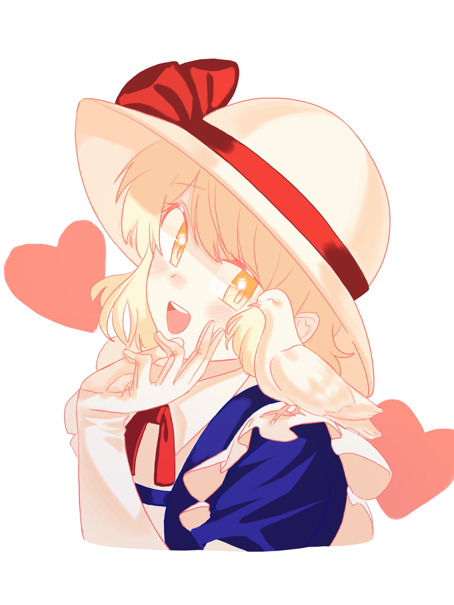:d, animal_on_shoulder, bird, bird_on_shoulder, blonde_hair, blue_dress, collared_dress, commentary_request