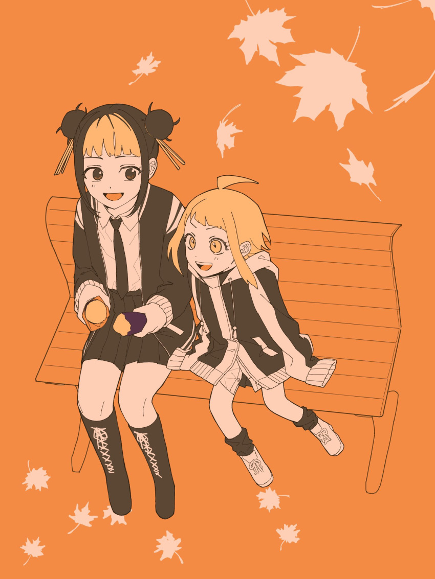 2girls, ahoge, bench, boots, collared_shirt, double_bun, food, hair_bun, hair_ribbon, highres, hinao_(kagurabachi), jacket, kagee90941810, kagurabachi, kyonagi_char, long_sleeves, loose_socks, monochrome, multiple_girls, open_mouth, orange_theme, oversized_clothes, ribbon, roasted_sweet_potato, school_uniform, shirt, shoes, sidelocks, sitting, skirt, smile, socks, sweet_potato