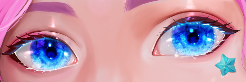 1girl, blue_eyes, boraiolet, close-up, eye_focus, eyelashes, eyeliner, glowing, glowing_eyes, highres, league_of_legends, makeup, pink_eyeliner, pink_hair, seraphine_(league_of_legends), solo, star_(symbol), straight-on