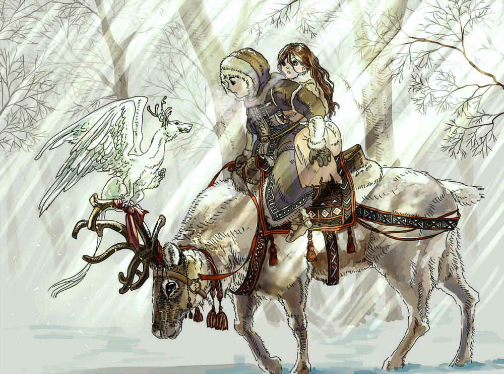 1boy, 1girl, ajitsuke_nori, antlers, boots, breath, brown_hair, child