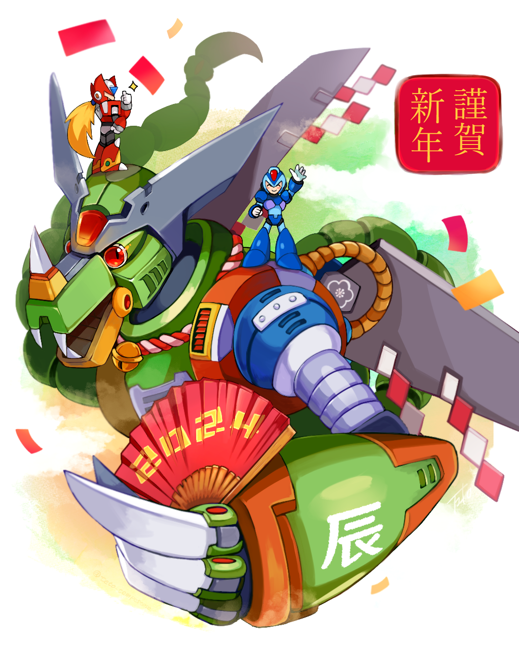 2024, armor, blonde_hair, chibi, chinese_zodiac, closed_eyes, eregion_(mega_man), fangs