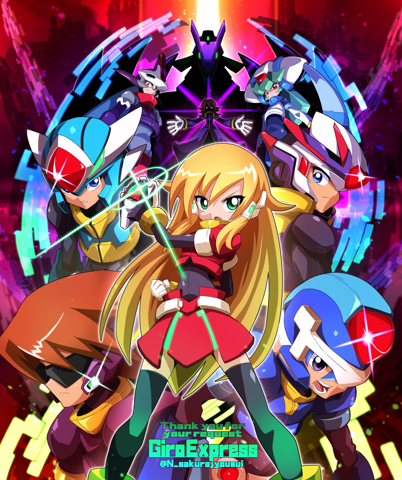 2girls, 6+boys, biometal, blonde_hair, blue_eyes, blue_hair, commentary, commission, dress, elf_(mega_man_zero), english_commentary, forehead_jewel, green_eyes, helmet, highres, long_hair, mega_man_(series), mega_man_zx, model_w_(mega_man), model_x_(mega_man), model_z_(mega_man), multiple_boys, multiple_girls, original, pandora_(mega_man), prometheus_(mega_man), sakurajyousui_nami, short_hair, skeb_commission, twitter_username