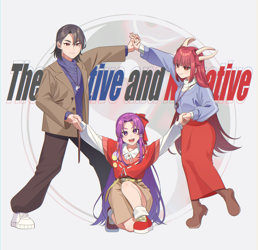 1boy, 2girls, absurdres, alternate_costume, ascot, belt, black_hair, blouse