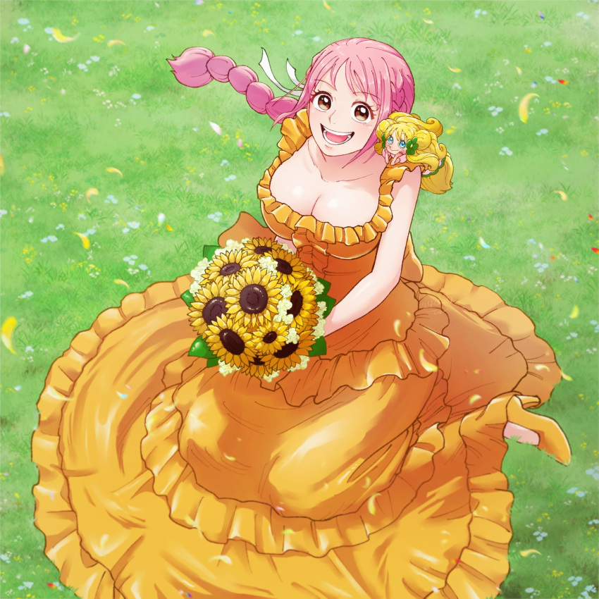 26_tgw, 2girls, blonde_hair, blue_eyes, bouquet, braid, braided_ponytail, commentary, dress, flower, frilled_dress, frills, from_above, full_body, happy, high_heels, highres, holding, holding_bouquet, long_dress, looking_up, mansherry, multiple_girls, on_grass, one_piece, orange_dress, orange_footwear, pink_hair, rebecca_(one_piece), sitting, smile, sunflower
