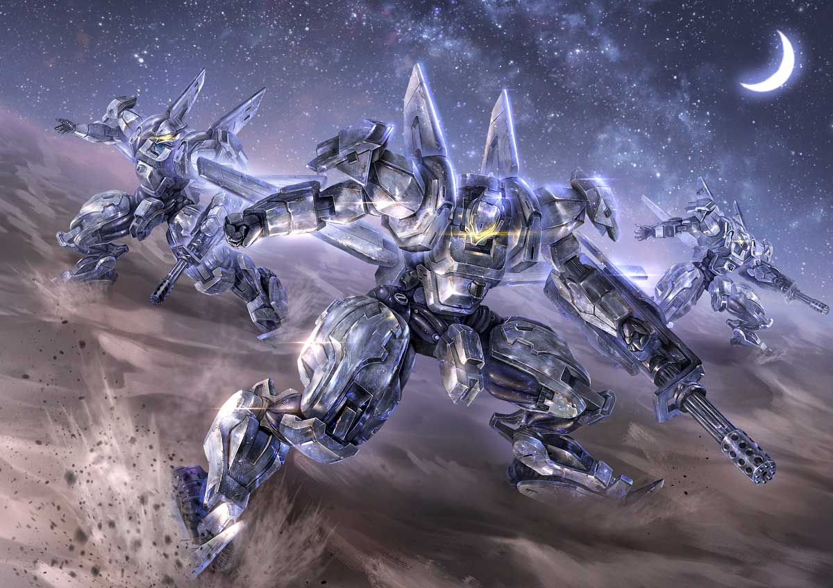 commentary_request, crescent_moon, desert, dutch_angle, gatling_gun, glowing, m2_exceed_rhinos, mecha