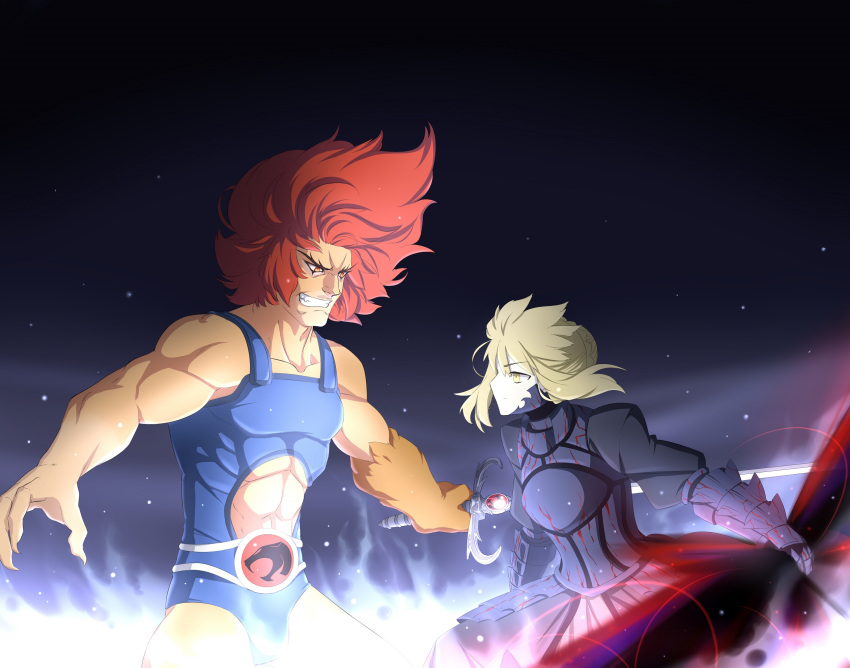1boy, 1girl, armor, armored_dress, artoria_pendragon_(fate), battle, black_armor, black_dress