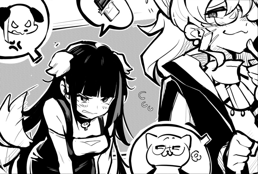 1girl, 2girls, :3, anger_vein, angry, animal_ears, black_choker, black_hair