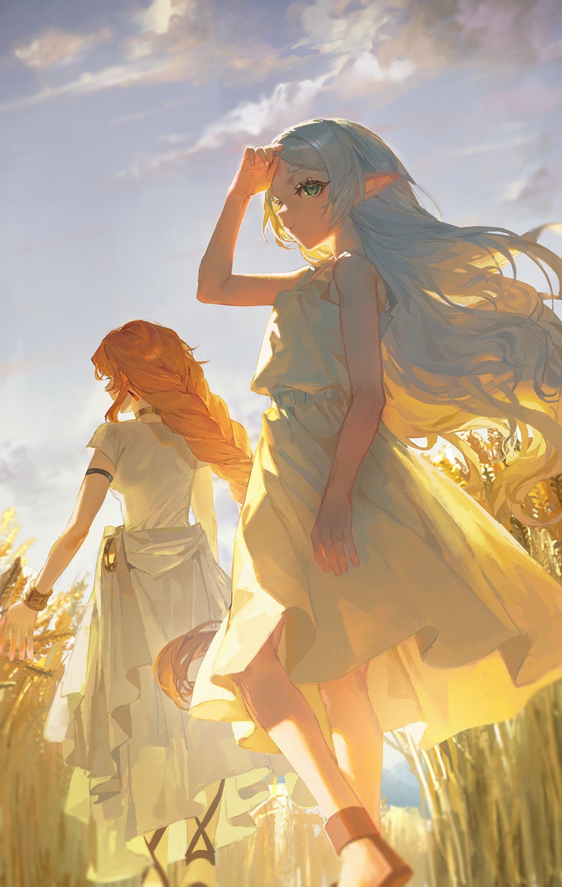 2girls, clouds, cloudy_sky, dress, elf, flamme_(sousou_no_frieren), frieren, from_behind