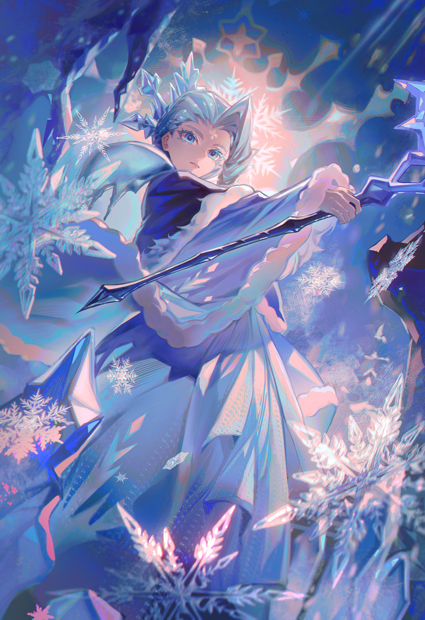 1girl, asymmetrical_bangs, blue_dress, blue_eyes, blue_hair, cangchen, commentary, cookie_run