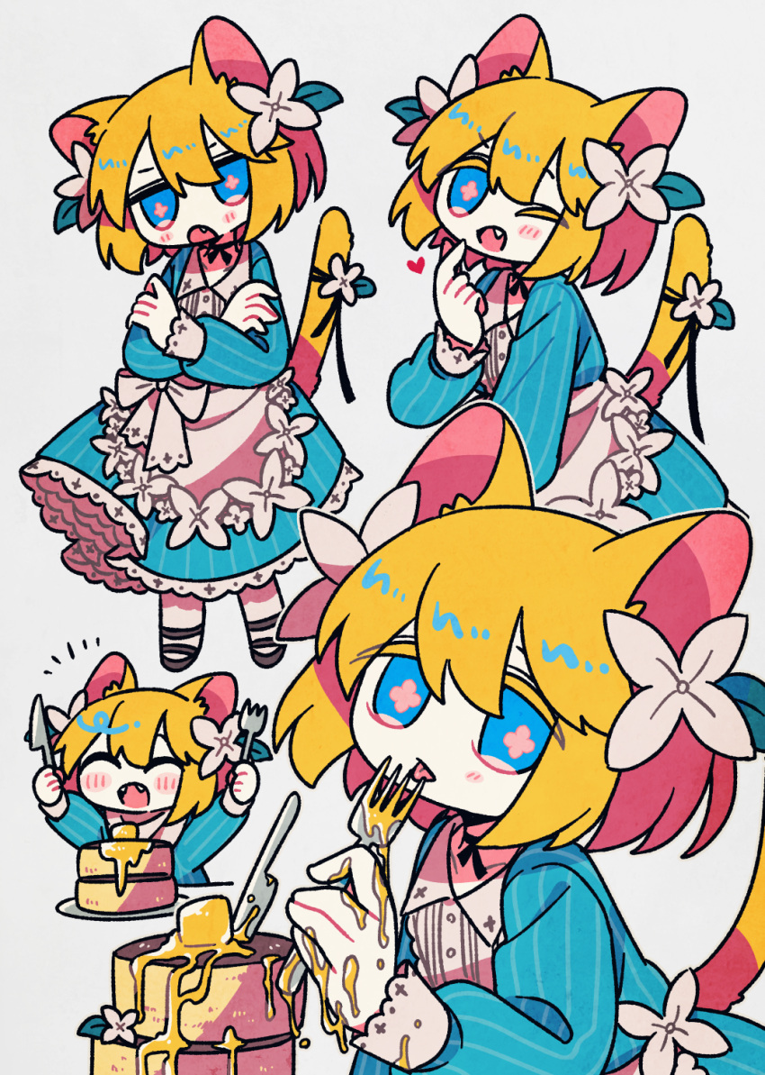 1other, animal_ears, apron, arms_up, black_choker, blonde_hair, blue_dress, blue_eyes