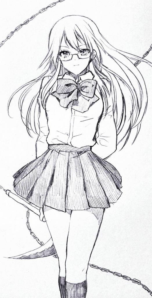 1girl, amamiya_sakurako, chain, closed_mouth, glasses, greyscale, holding, holding_weapon