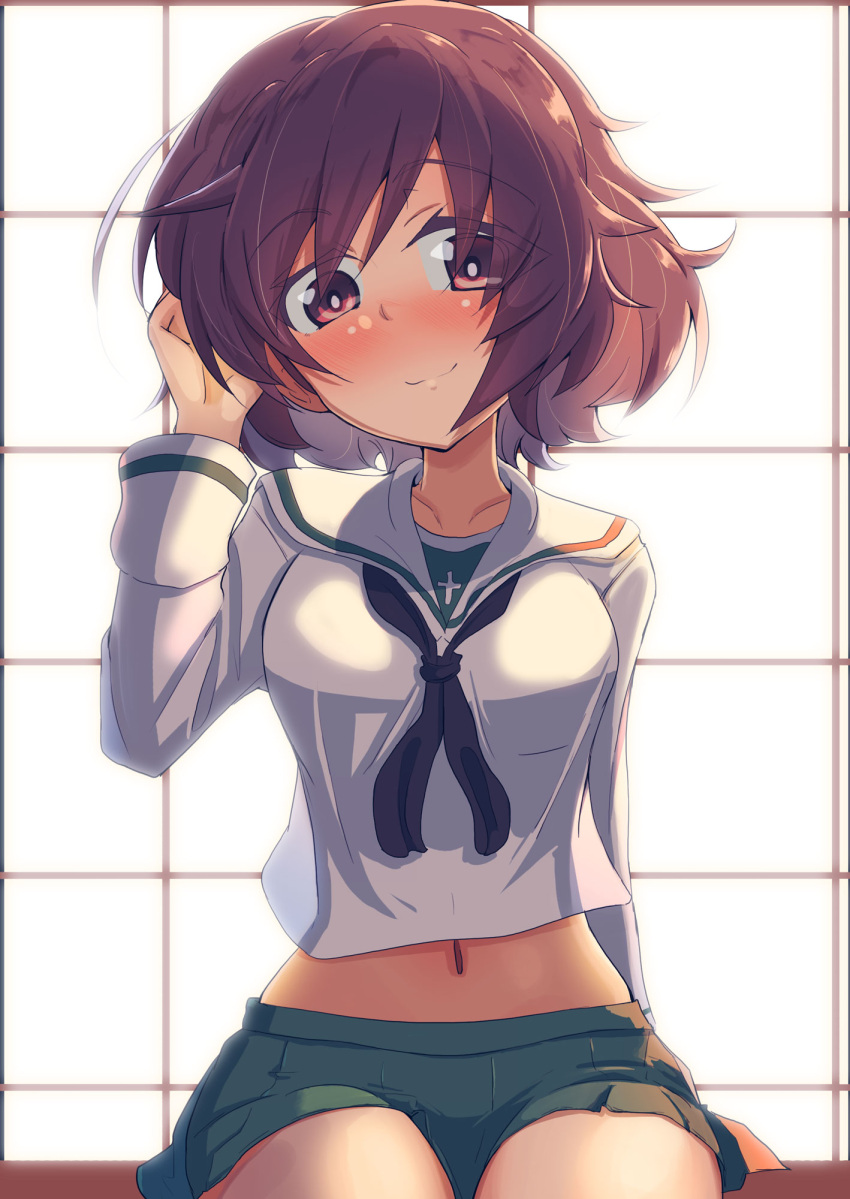 1girl, akiyama_yukari, backlighting, black_neckerchief, blouse, blush, brown_eyes, brown_hair, closed_mouth, commentary, girls_und_panzer, hand_in_own_hair, highres, jinguu_(4839ms), long_sleeves, looking_at_viewer, messy_hair, midriff, miniskirt, navel, neckerchief, ooarai_school_uniform, pleated_skirt, sailor_collar, school_uniform, serafuku, shirt, short_hair, shouji, sitting, skirt, sliding_doors, smile, solo, white_sailor_collar, white_shirt