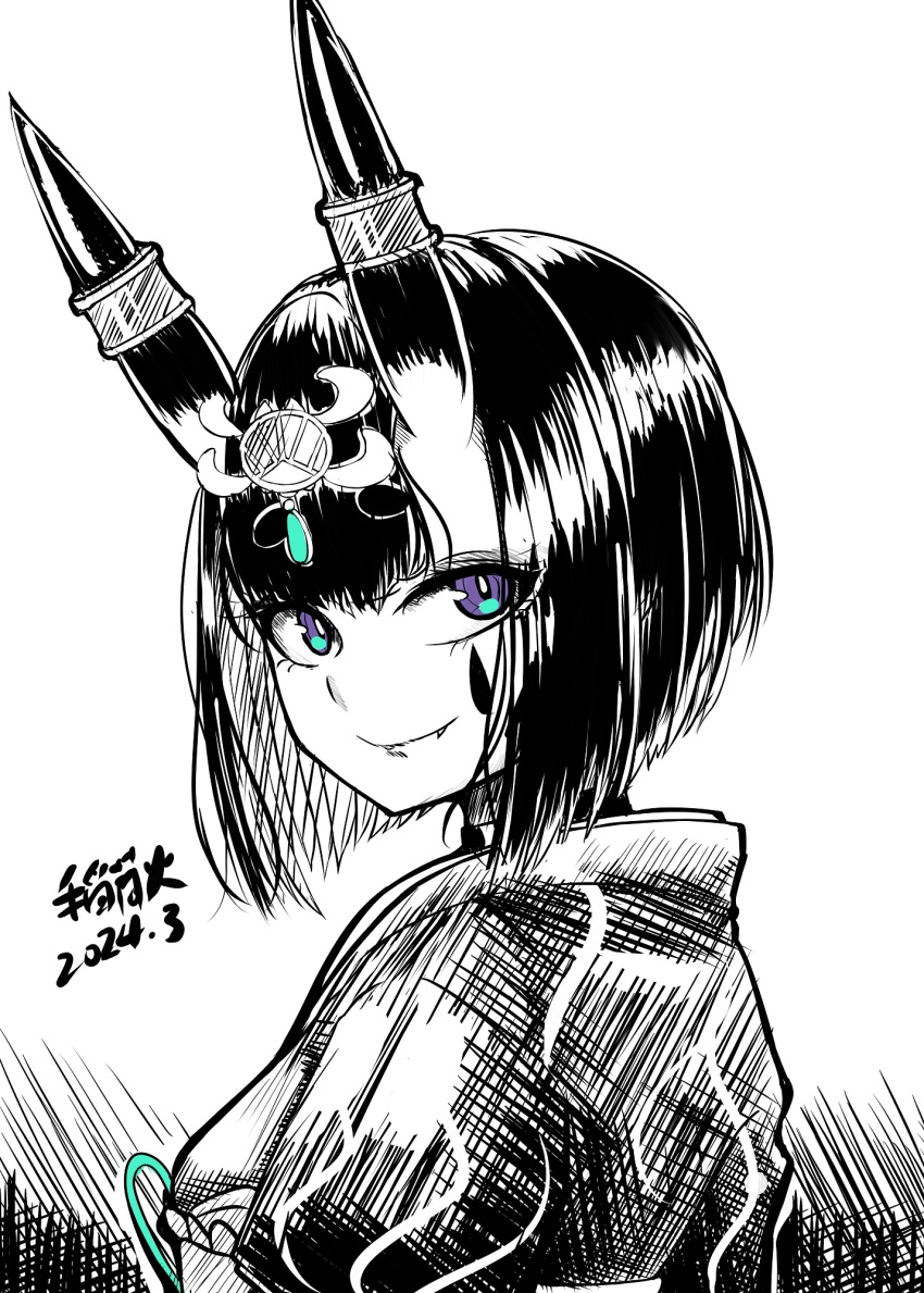 1girl, b.d, bob_cut, breasts, eyeliner, fate/grand_order, fate_(series), greyscale