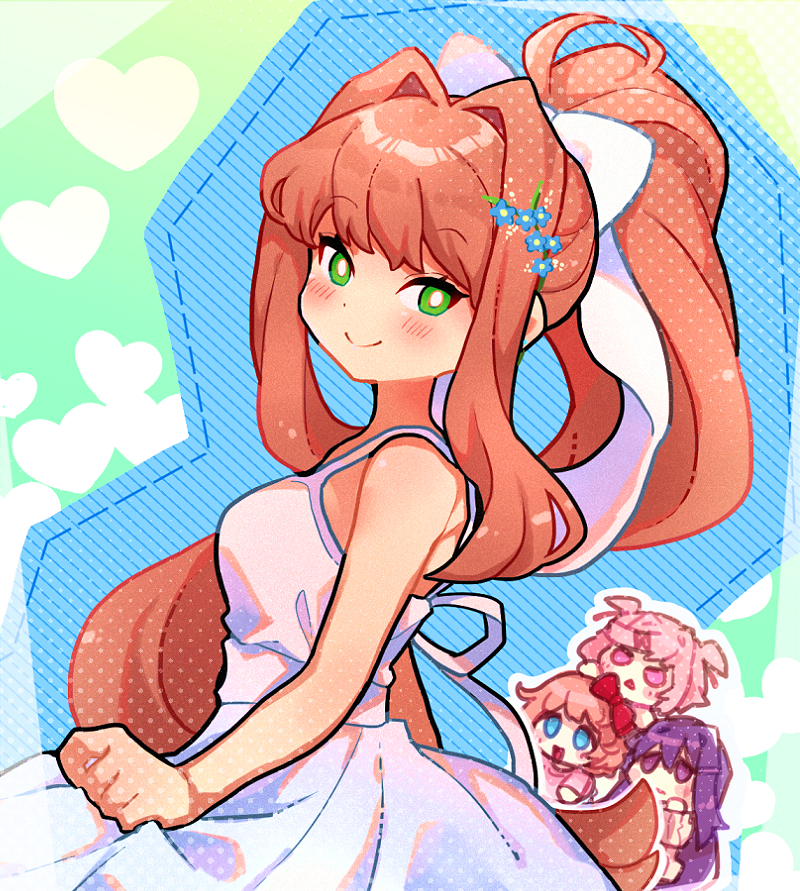 4girls, alternate_costume, bow, chiimako, closed_mouth, doki_doki_literature_club, dress, flower