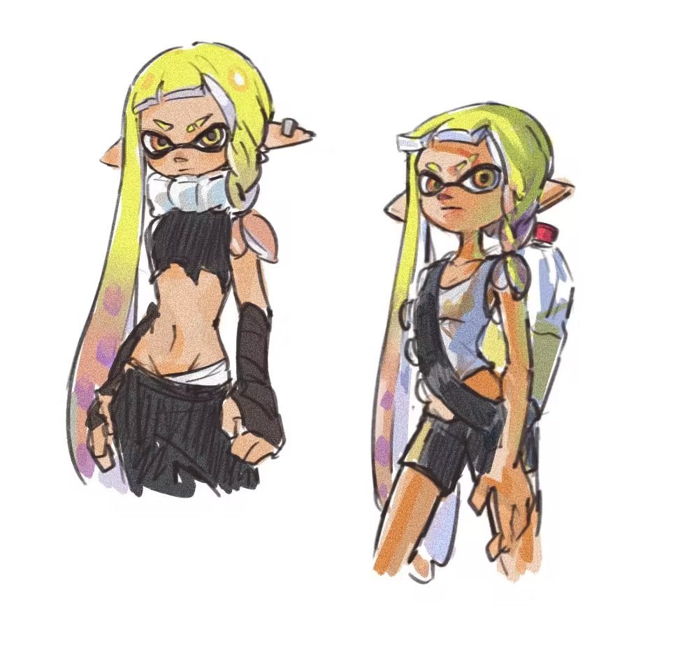 1girl, agent_3_(splatoon_3), asymmetrical_hair, bandaged_arm, bandages, bike_shorts, black_bandages, black_shirt
