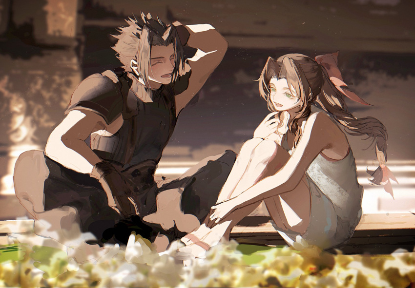 1boy, 1girl, adjusting_hair, armor, bare_legs, black_hair, black_pants, black_shirt