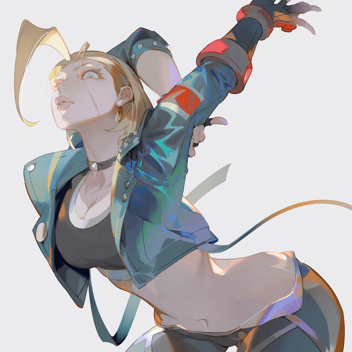 1girl, ahoge, arms_up, black_gloves, black_pants, black_shirt, blonde_hair, blue_eyes