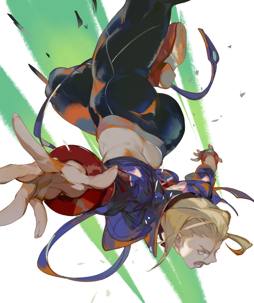 1girl, battle, black_pants, blonde_hair, blue_eyes, blue_jacket, cammy_white, crop_top, cropped_jacket, falling, highres, jacket, lucaxu1991, midair, open_mouth, outstretched_arms, pants, red_footwear, simple_background, solo, spread_fingers, street_fighter, white_background