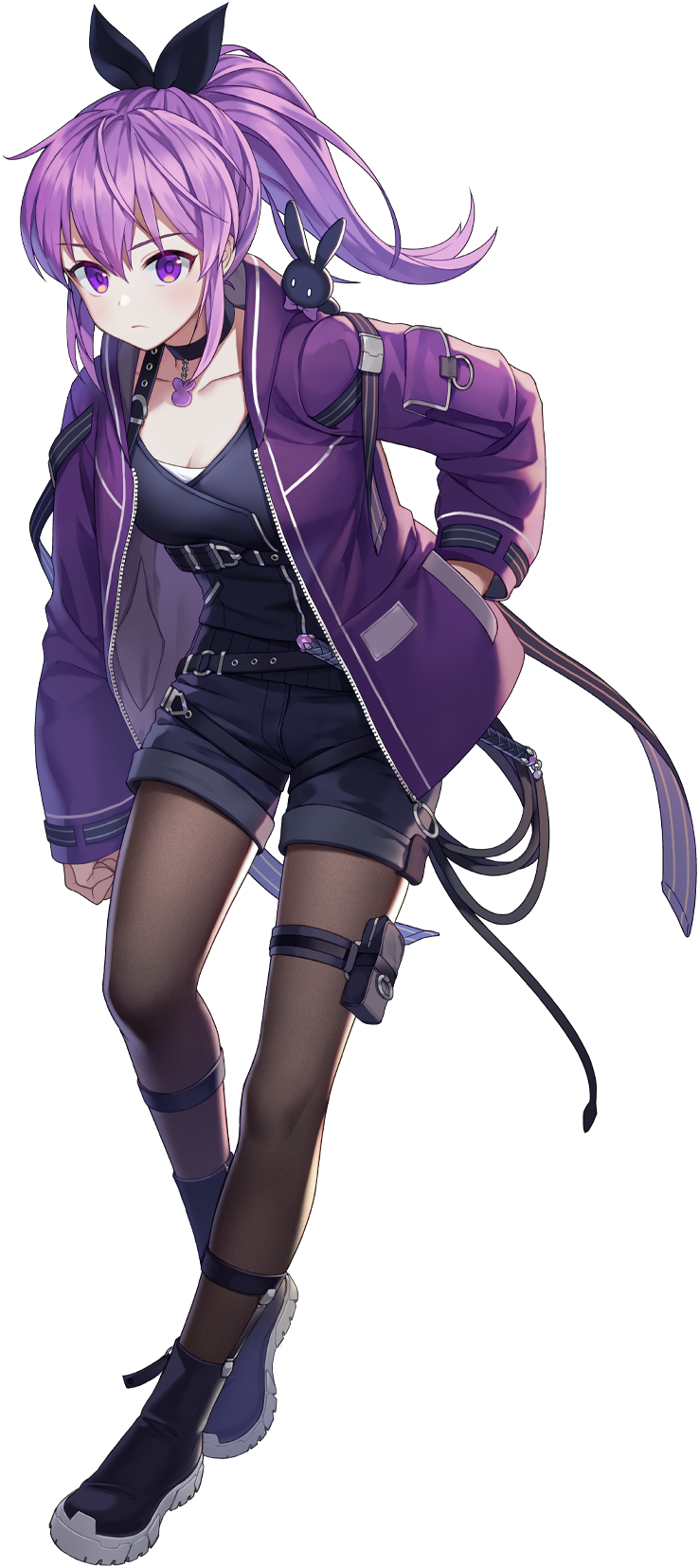1girl, boots, bow, breasts, choker, chrono_ark, hair_bow, hand_in_pocket