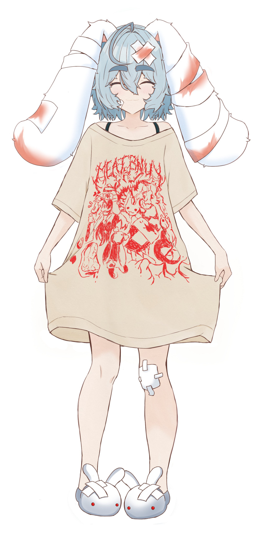 1girl, ^3^, absurdres, ahoge, alternate_costume, animal_ears, animal_slippers, bandage_on_knee, bandages, black_bra, blue_hair, bra, bra_strap, bunny_slippers, closed_eyes, clothes_lift, clothes_writing, collarbone, curtsey, full_body, hair_between_eyes, highres, indie_virtual_youtuber, light_blue_hair, lop_rabbit_ears, noiriririri, oversized_clothes, para_(vtuber), rabbit_ears, rabbit_girl, shirt, shirt_lift, short_hair, sidelocks, slippers, t-shirt, thick_eyebrows, underwear, virtual_youtuber, white_background