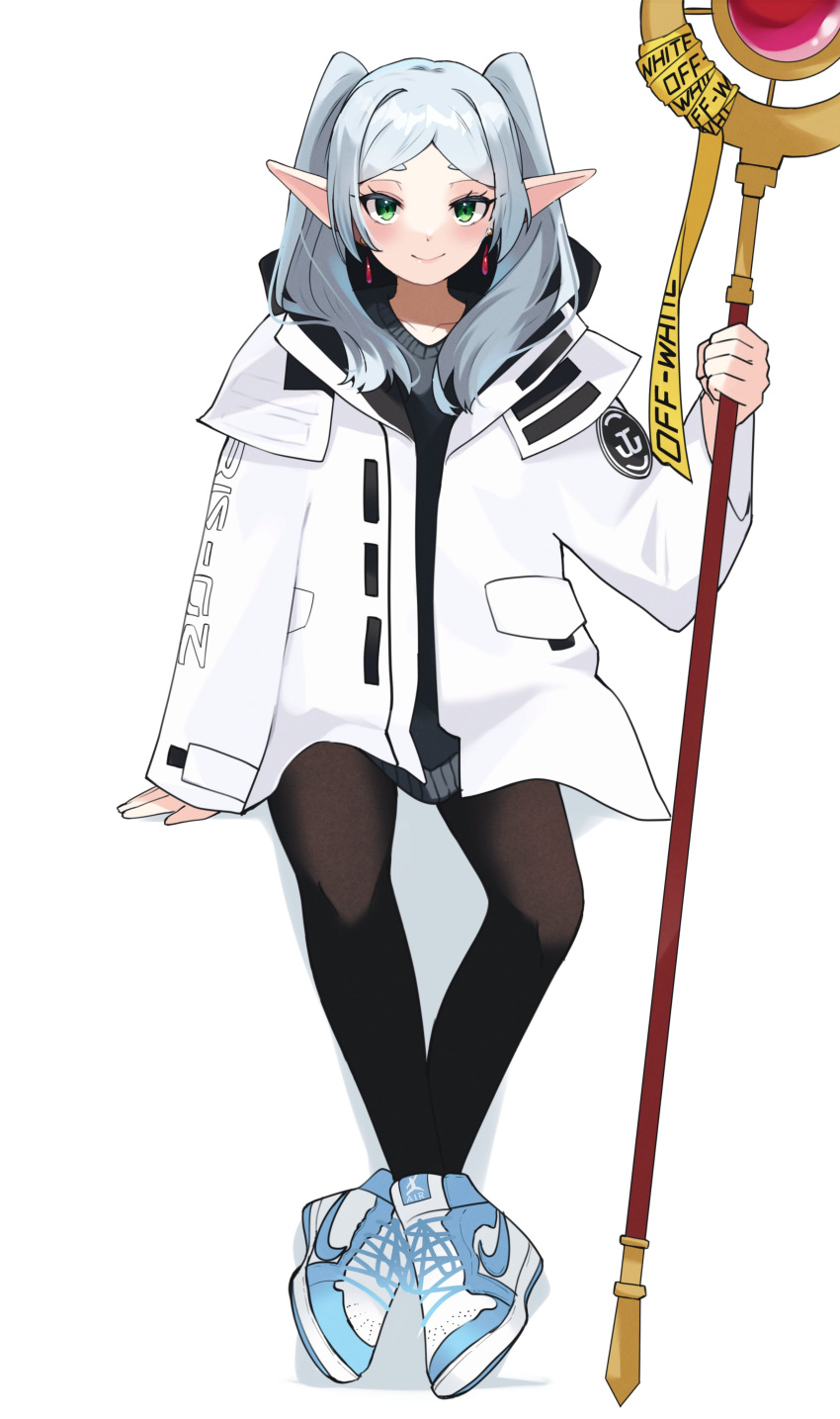 1girl, absurdres, air_jordan, alternate_costume, black_pantyhose, blue_footwear, closed_mouth, commentary_request, contemporary, earrings, elf, frieren, full_body, green_eyes, grey_sweater, highres, holding, holding_staff, invisible_chair, jacket, jewelry, long_hair, looking_at_viewer, mage_staff, off-white_(brand), pantyhose, parted_bangs, pointy_ears, simple_background, sitting, smile, solo, sousou_no_frieren, staff, sweater, twintails, white_background, white_jacket, zono_(inokura_syuzo029)